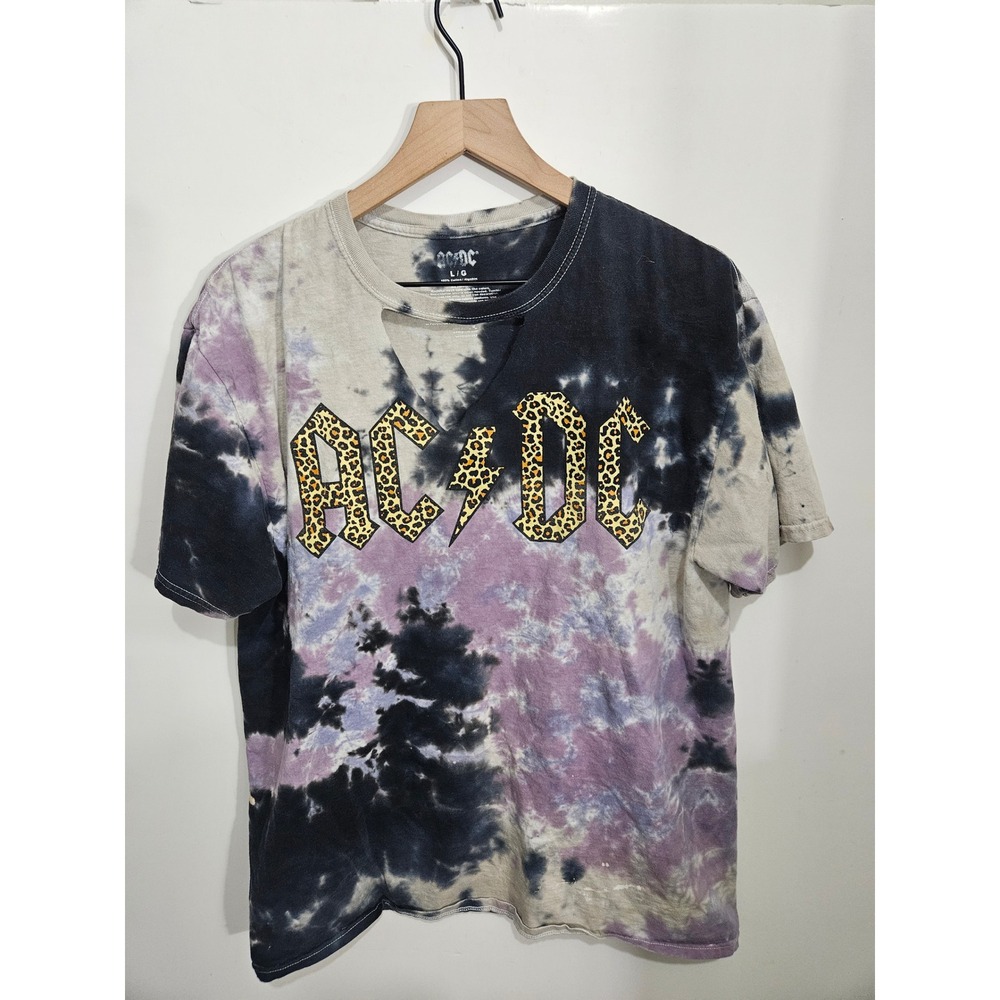 AC/DC Leopard Print Logo Tie Dye Cut Out V-Neck Graphic T-Shirt Purple Black L
